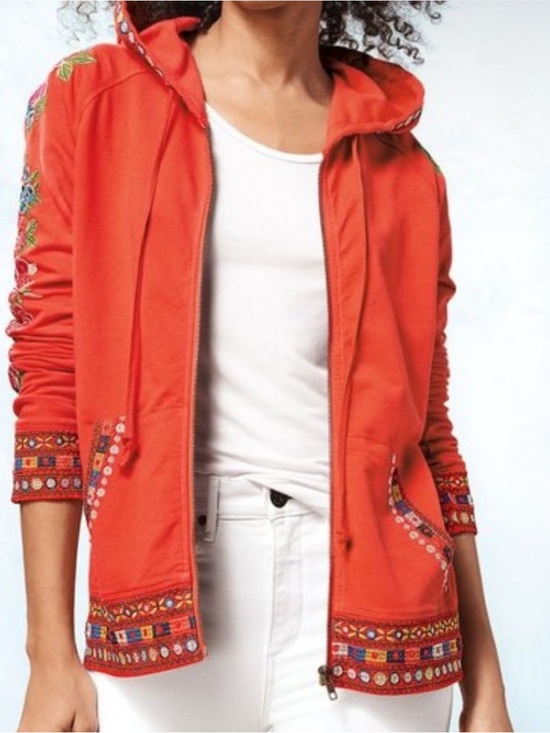 Johnny Was Tops - Johnny Was Petite XS Rina Full Zip Hoodie Red Boho Floral Embroidered Colorful